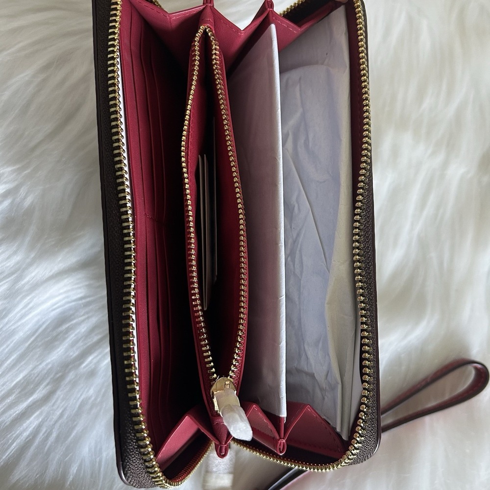 Coach Long Zip Around Wallet Signature Canvas Walnut True Red CW778 NWT - Picture 3 of 5